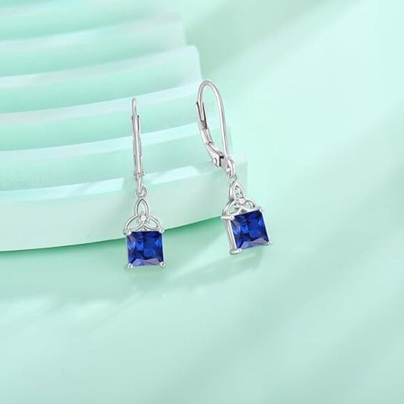 Celtic Knot Trinity Dangle Drop Silver Princess Cut Earrings September-Sapphire